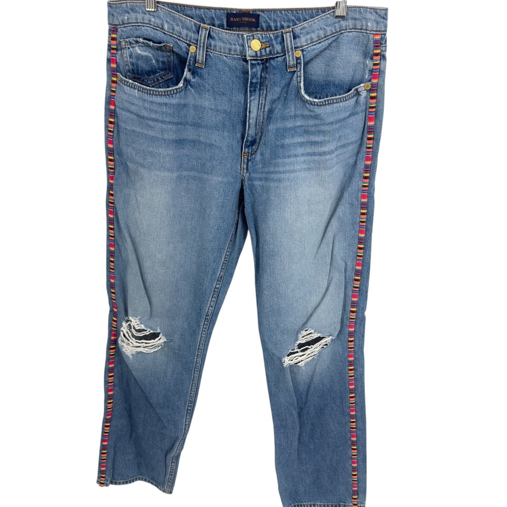 Ramy Brook NY 29 Distressed Straight Leg Jeans Rainbow Side Stripe Western Denim